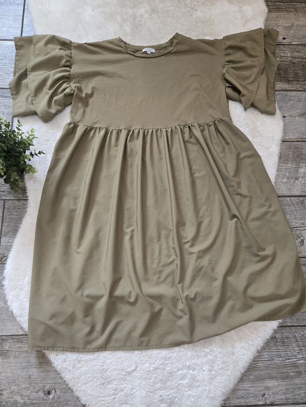 Sweet Salt Green Modest Church Ruffle-Sleeve Mixed Media Babydoll Dress, XL